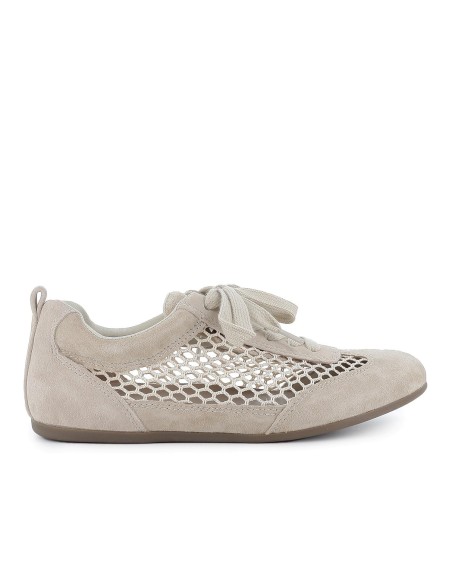 Deportivo piel serraje rejilla plano mujer beige