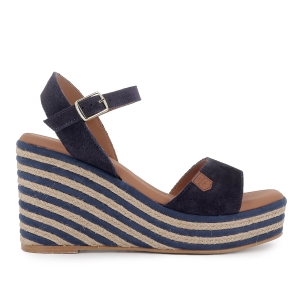 Alpargata yute piel serraje con cuña combi y hebilla mujer azul