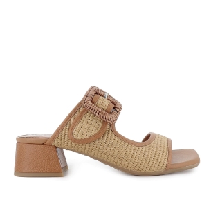 Zueco rafia forrada piel con tacon medio mujer natural