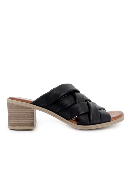 Zueco piel suave multitiras y tacon comodo mujer negro