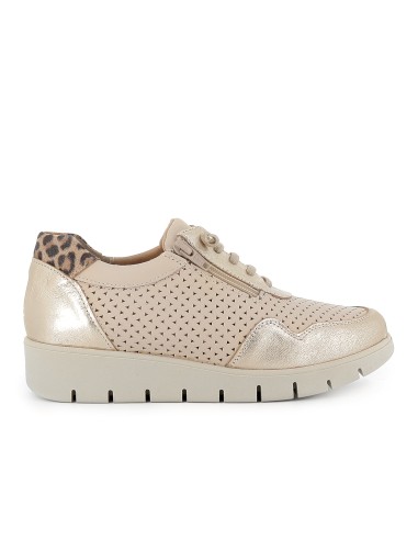 Deportivas piel troquelada con cordones elasticos y cremallera mujer beige