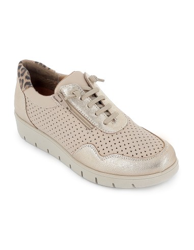 Deportivas piel troquelada con cordones elasticos y cremallera mujer beige