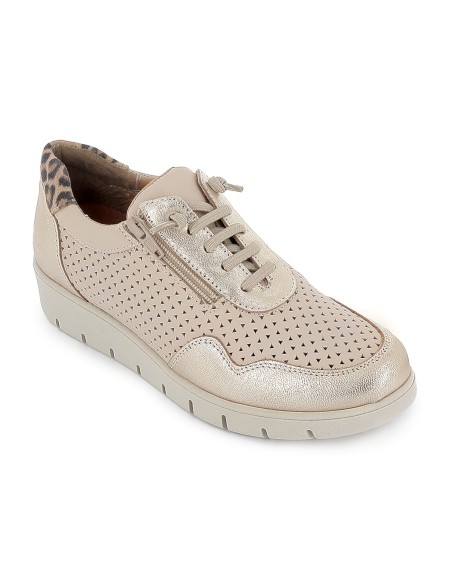 Deportivas piel troquelada con cordones elasticos y cremallera mujer beige