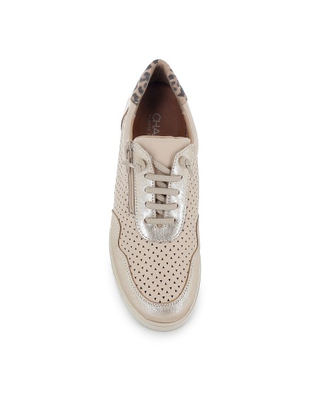 Deportivas piel troquelada con cordones elasticos y cremallera mujer beige