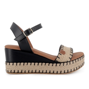 Alpargata yute y piel cosidos contraste cuña mujer negra