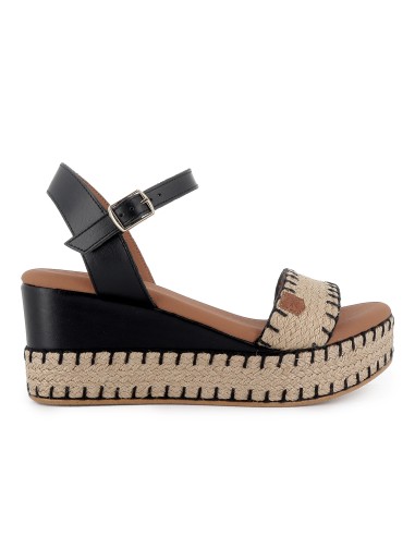 Alpargata yute y piel cosidos contraste cuña mujer negra