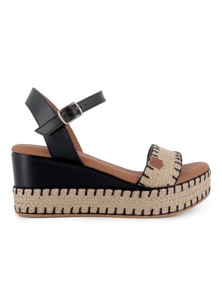 Alpargata yute y piel cosidos contraste cuña mujer negra