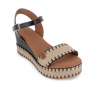 Alpargata yute y piel cosidos contraste cuña mujer negra 2