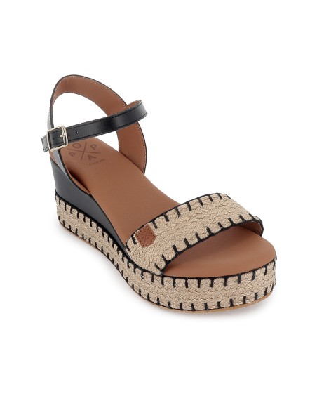 Alpargata yute y piel cosidos contraste cuña mujer negra