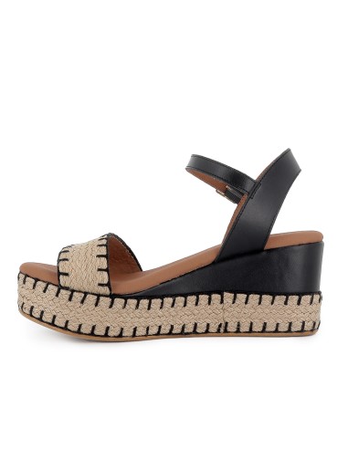 Alpargata yute y piel cosidos contraste cuña mujer negra