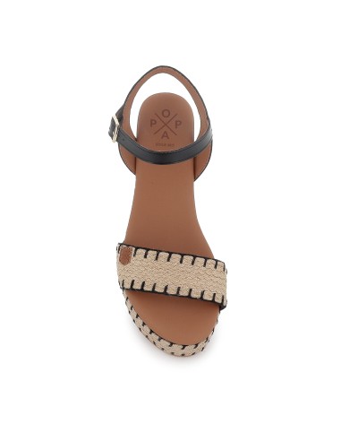 Alpargata yute y piel cosidos contraste cuña mujer negra