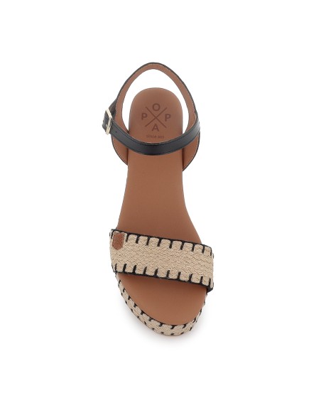 Alpargata yute y piel cosidos contraste cuña mujer negra