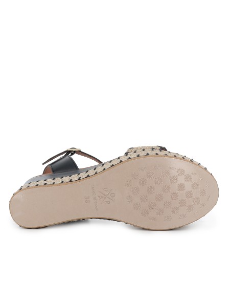 Alpargata yute y piel cosidos contraste cuña mujer negra