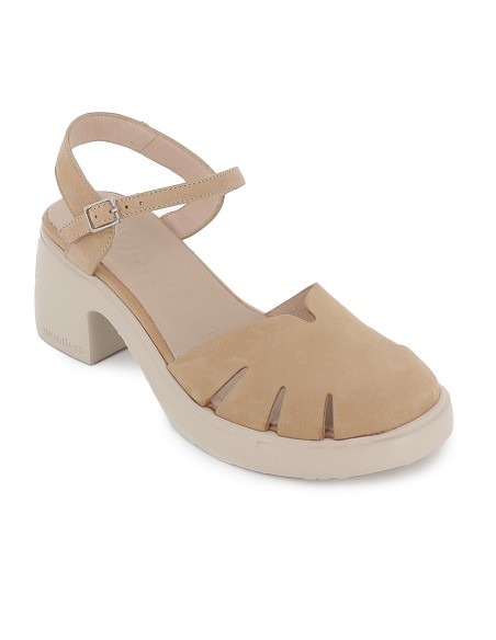 Zapato correa piel hebilla piso ligero y tacon mujer beige