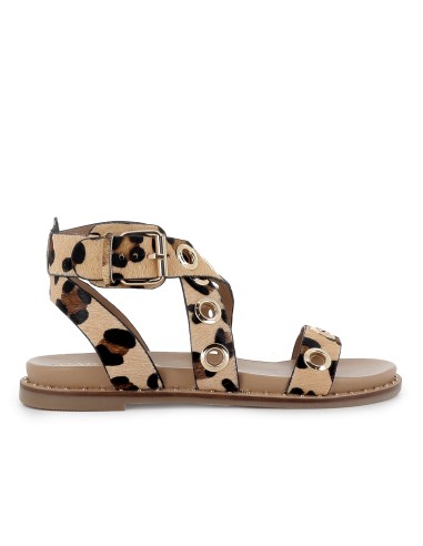 Sandalia piel tiras cruzadas con ojales mujer leopardo