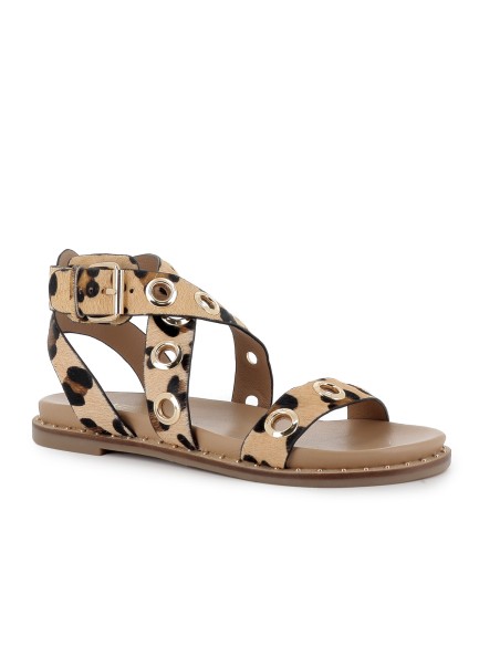 Sandalia piel tiras cruzadas con ojales mujer leopardo