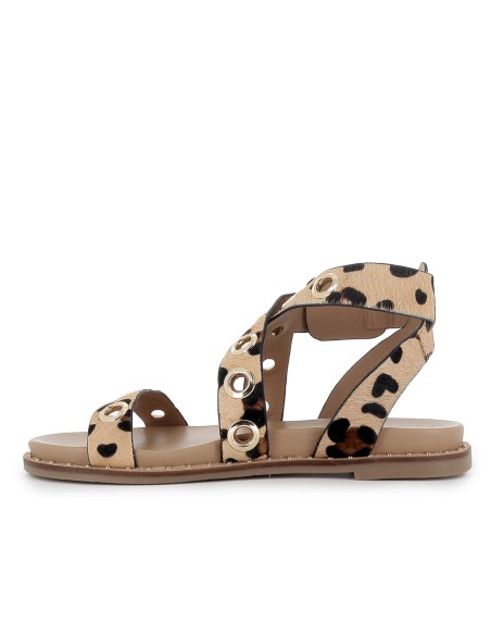 Sandalia piel tiras cruzadas con ojales mujer leopardo