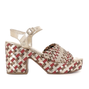 Sandalia piel trenzada con hebilla y tacon plataforma mujer burdeos