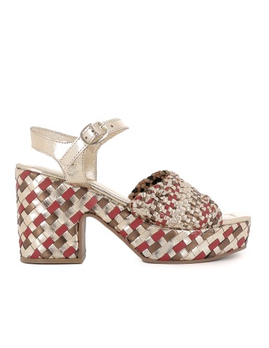 Sandalia piel trenzada con hebilla y tacon plataforma mujer burdeos