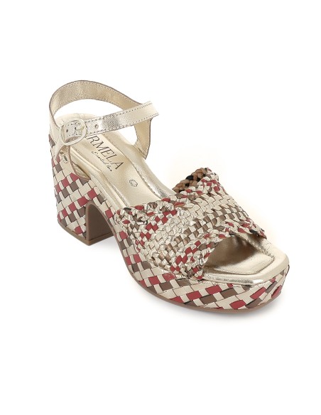 Sandalia piel trenzada con hebilla y tacon plataforma mujer burdeos