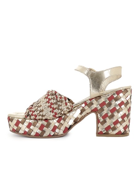 Sandalia piel trenzada con hebilla y tacon plataforma mujer burdeos