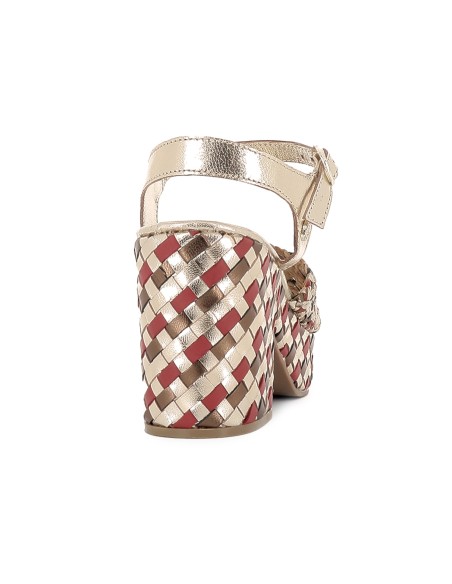 Sandalia piel trenzada con hebilla y tacon plataforma mujer burdeos