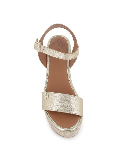 Alpargata yute piel lisa combi con cuña y hebilla mujer dorado