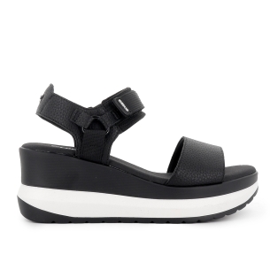 Sandalia piel vegana y textil con velcro plataforma mujer negro