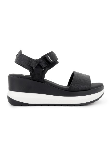 Sandalia piel vegana y textil con velcro plataforma mujer negro