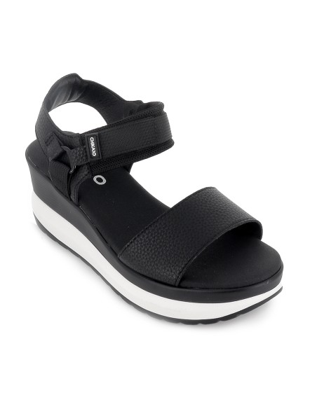 Sandalia piel vegana y textil con velcro plataforma mujer negro