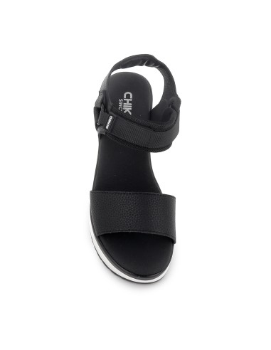 Sandalia piel vegana y textil con velcro plataforma mujer negro