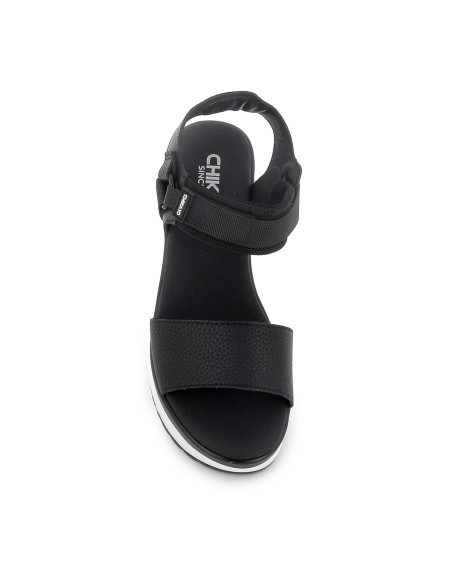Sandalia piel vegana y textil con velcro plataforma mujer negro