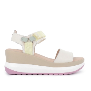 Sandalia piel vegana y textil con velcro plataforma mujer beige