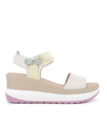 Sandalia piel vegana y textil con velcro plataforma mujer beige