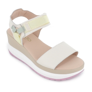 Sandalia piel vegana y textil con velcro plataforma mujer beige 2