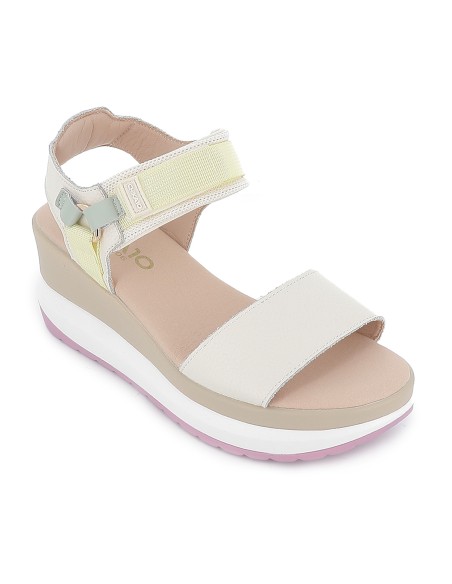 Sandalia piel vegana y textil con velcro plataforma mujer beige