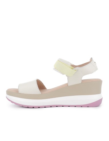 Sandalia piel vegana y textil con velcro plataforma mujer beige