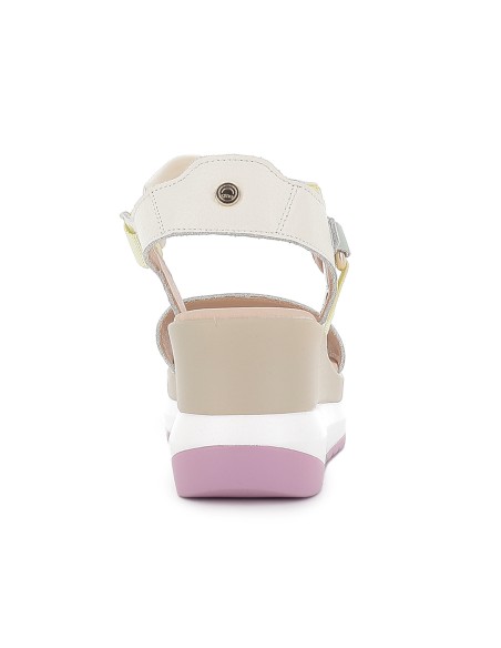 Sandalia piel vegana y textil con velcro plataforma mujer beige