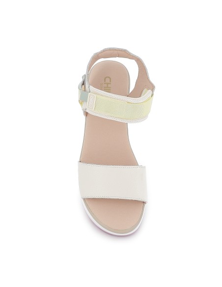 Sandalia piel vegana y textil con velcro plataforma mujer beige
