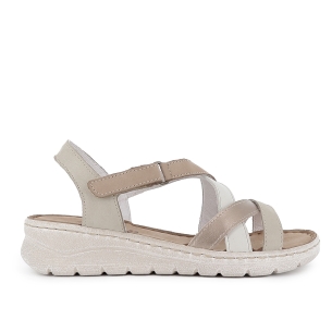 Sandalia piel tiras cruzadas y cuña baja velcro mujer plateada