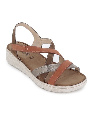 Sandalia piel tiras cruzadas y cuña baja velcro mujer marron