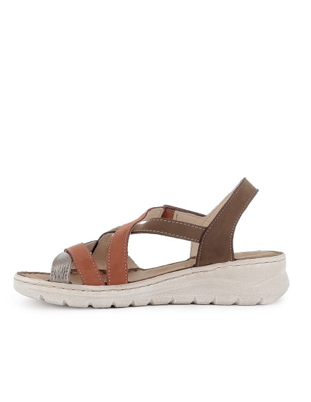 Sandalia piel tiras cruzadas y cuña baja velcro mujer marron