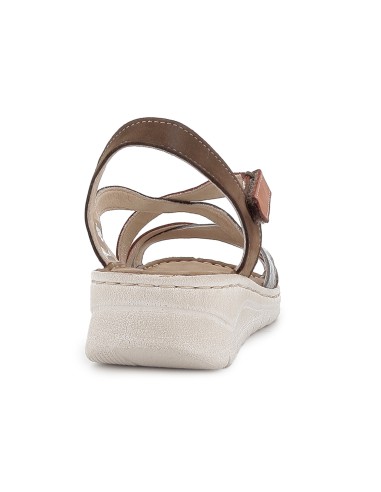 Sandalia piel tiras cruzadas y cuña baja velcro mujer marron