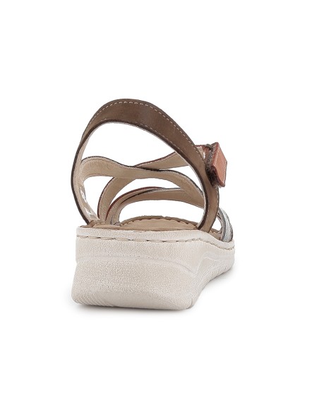 Sandalia piel tiras cruzadas y cuña baja velcro mujer marron