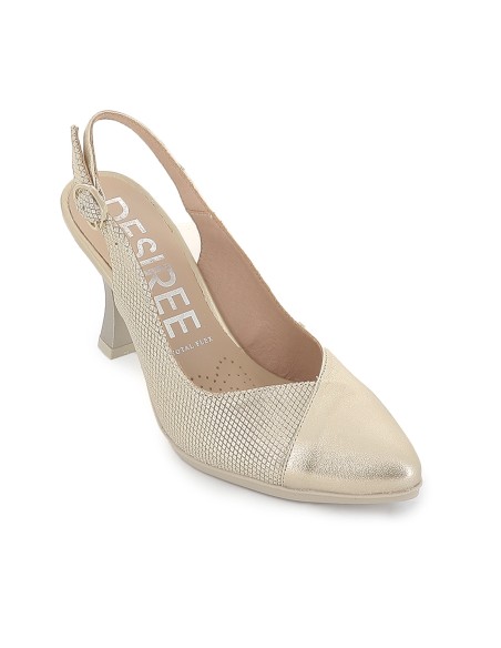 Zapato salon piel combi, hebilla y tacón mujer dorado