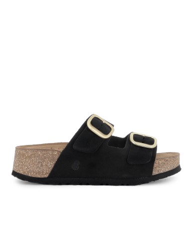 Zueco 2 hebillas plantilla piel piso corcho y caucho mujer negro