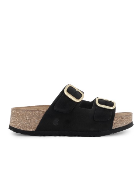 Zueco 2 hebillas plantilla piel piso corcho y caucho mujer negro