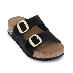 Zueco 2 hebillas plantilla piel piso corcho y caucho mujer negro 2