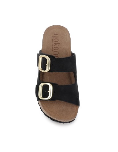 Zueco 2 hebillas plantilla piel piso corcho y caucho mujer negro