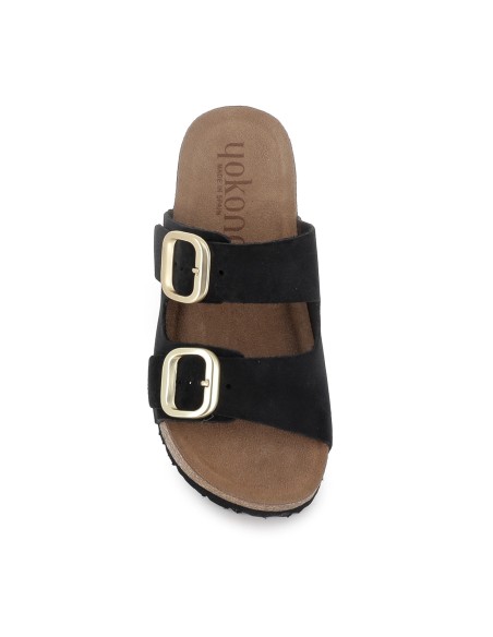 Zueco 2 hebillas plantilla piel piso corcho y caucho mujer negro